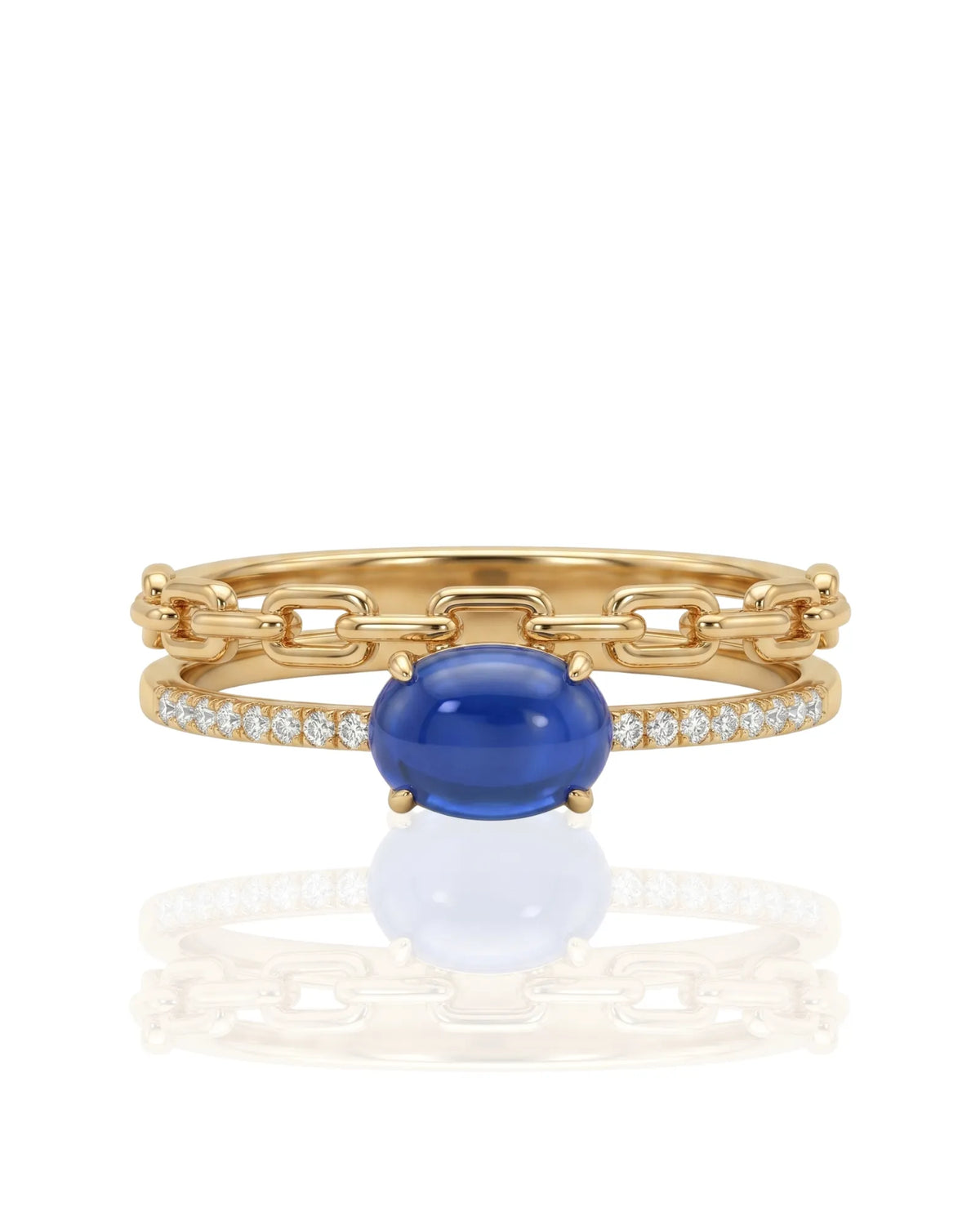 Natural blue sapphire ring with modern interlocking bands in 18K yellow gold | SARATTI