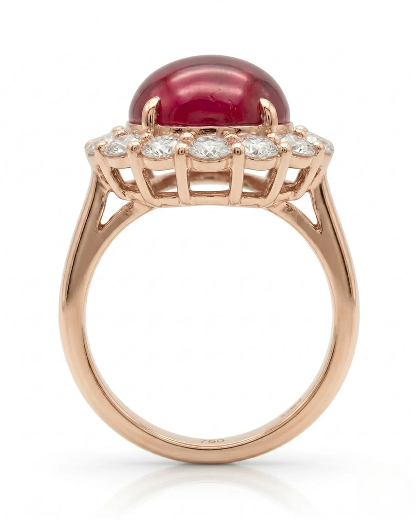 Natural cabochon ruby ring with brilliant round diamonds in rose gold | SARATTI