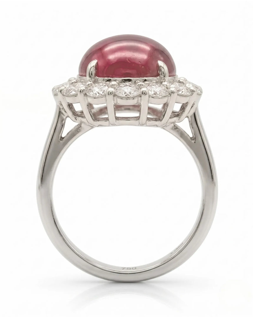 Natural cabochon ruby ring with brilliant round diamonds in white gold - SARATTI