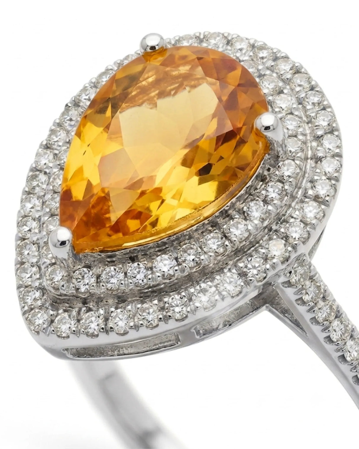 Natural citrine engagement ring with pear silhouette and double diamond halo in 18K white gold | SARATTI
