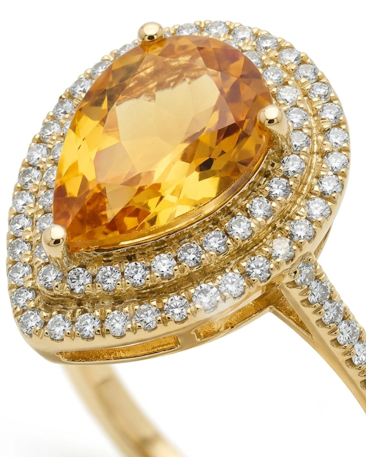 Natural citrine engagement ring with pear silhouette, double diamond halo, and 18K yellow gold band | SARATTI