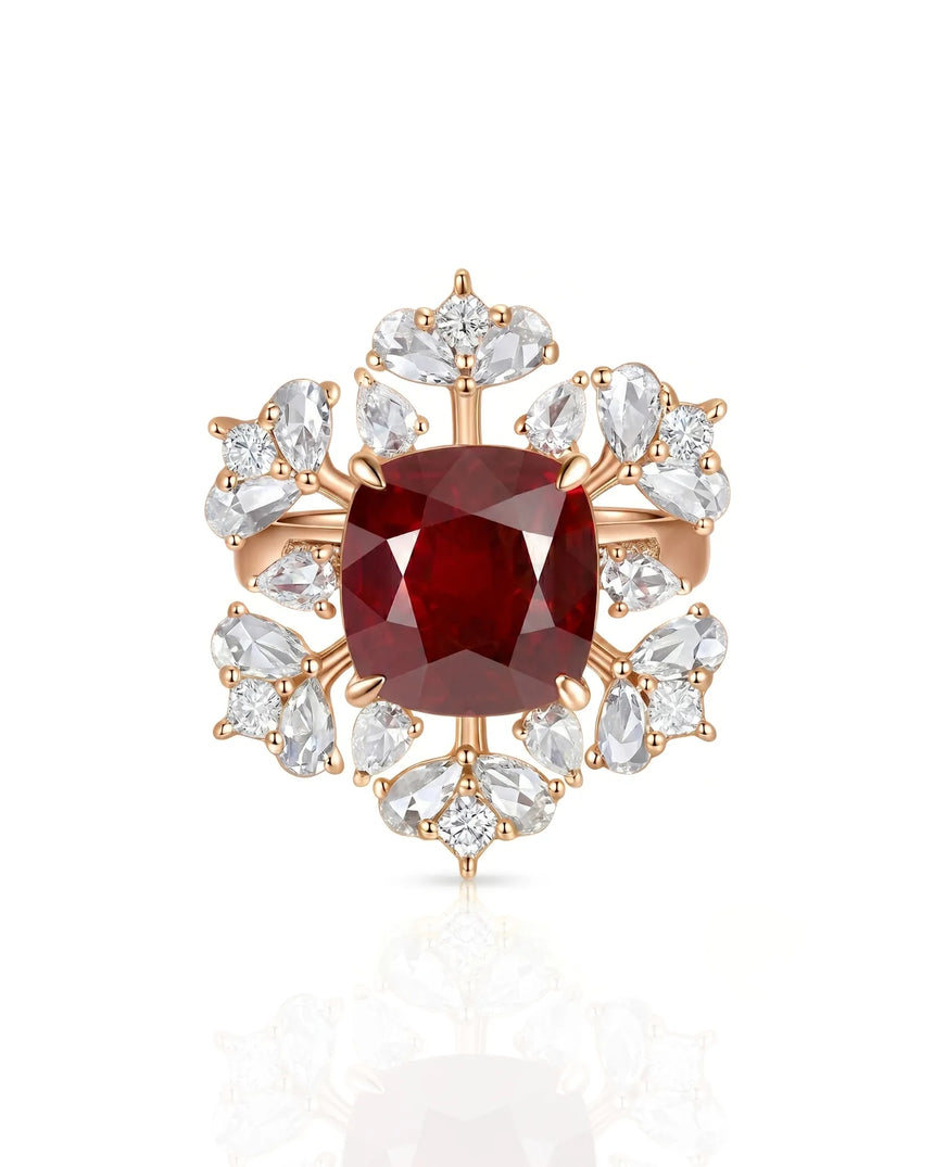 Natural cushion ruby ring with blooming diamond halo and pavé rose gold setting | SARATTI