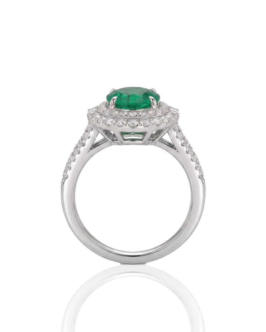 Natural emerald and diamond split shank statement ring in platinum | SARATTI