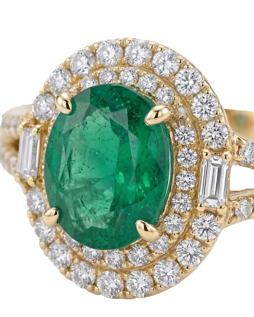 Natural emerald and diamond split shank statement ring in yellow gold | SARATTI
