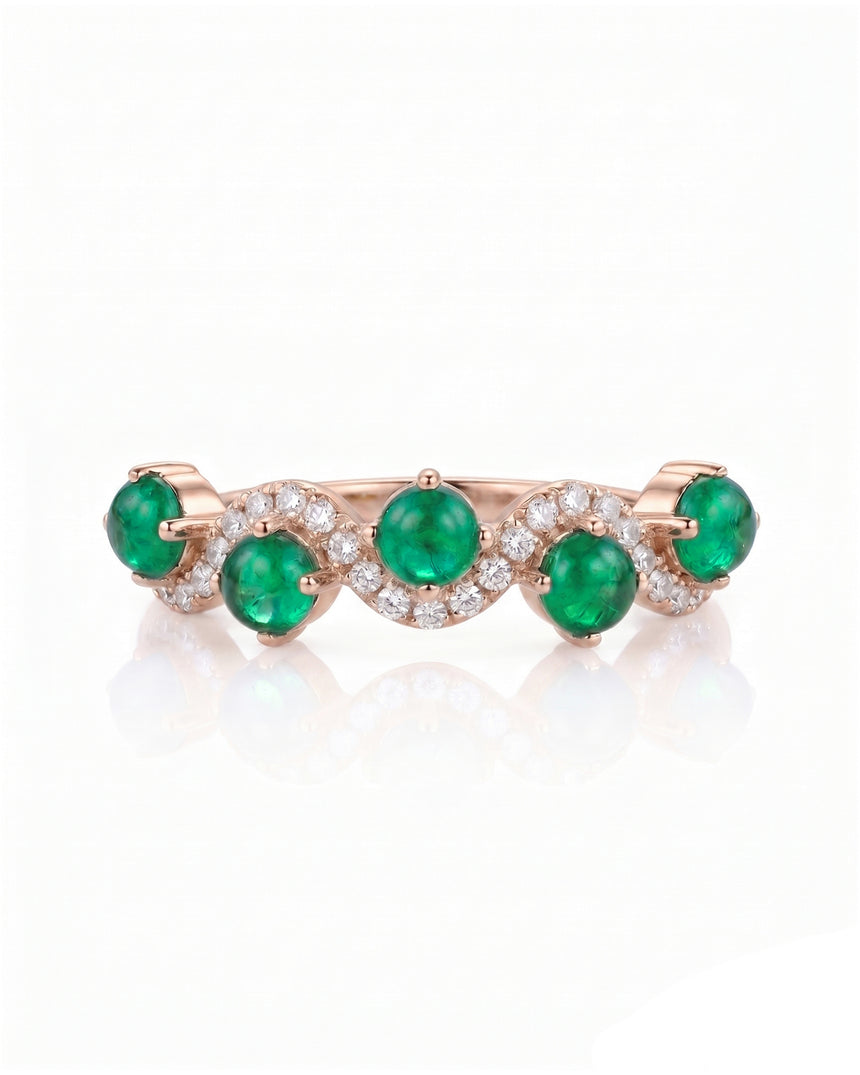 Natural emerald cabochon wave ring with diamonds in 18K Rose Gold | SARATTI