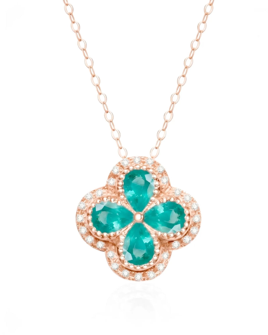 Natural emerald clover pendant necklace 0.80 carat pear cut emerald diamond halo 18k rose gold trebol design | SARATTI