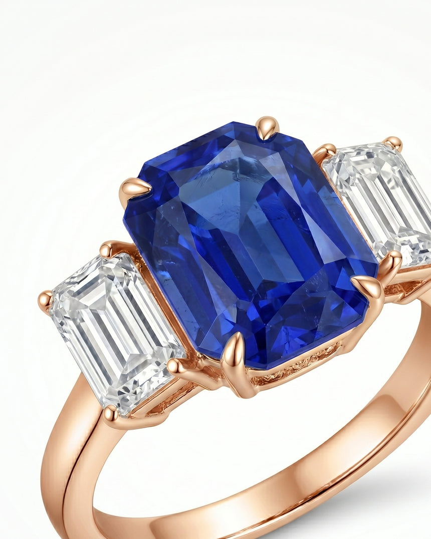 Natural emerald cut blue sapphire ring with matching diamond side stones in 18K rose gold | SARATTI