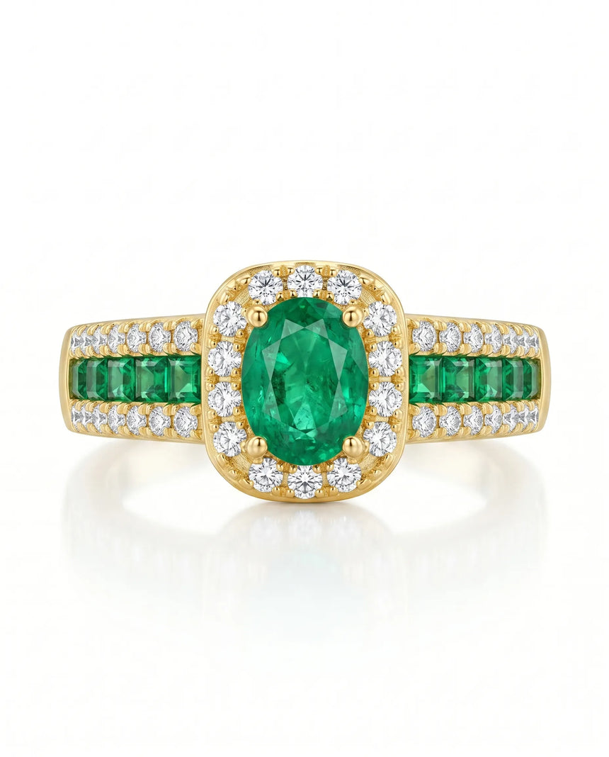 Natural emerald diamond halo ring in 18K yellow gold | SARATTI