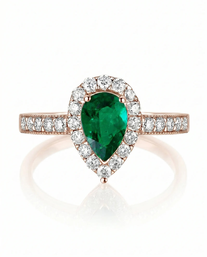Natural emerald halo ring in 18K rose gold | SARATTI
