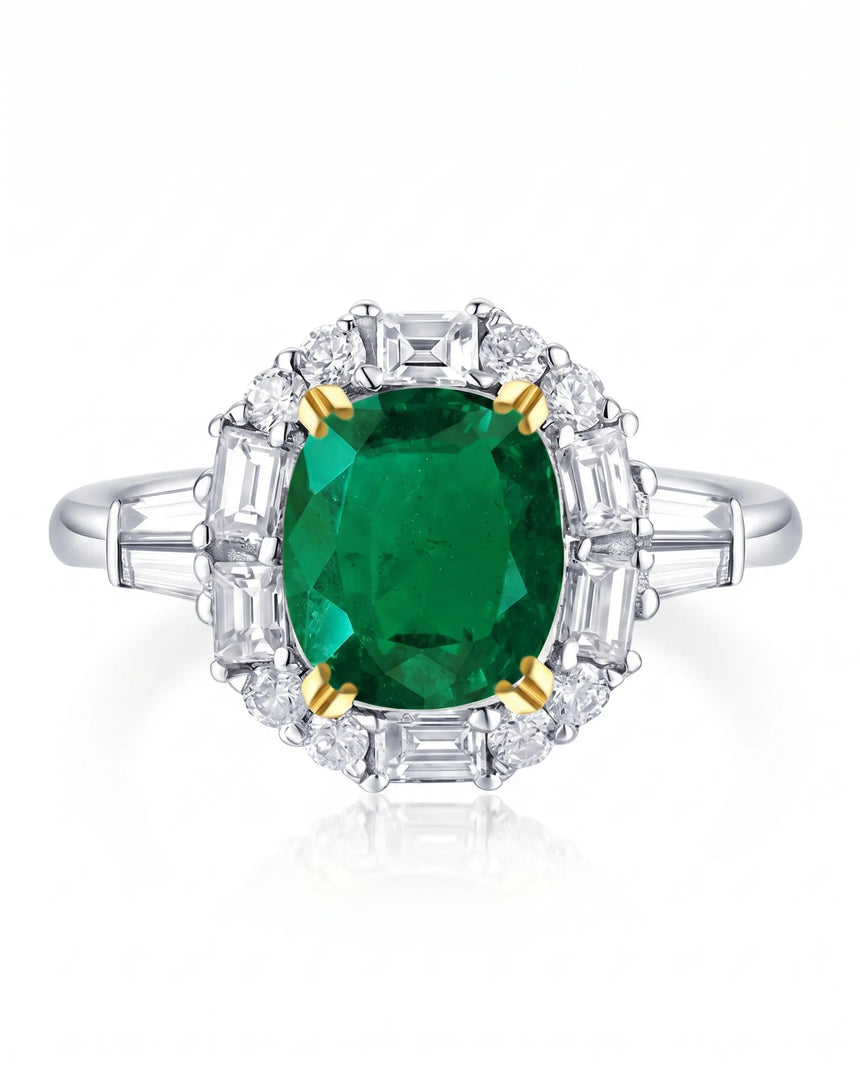Natural emerald halo ring in platinum | SARATTI