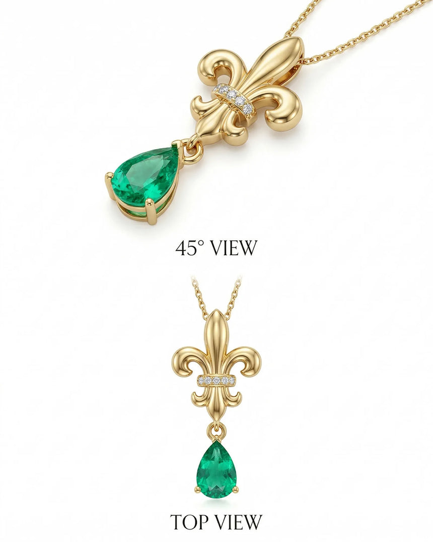 Natural emerald pendant necklace with regal fleur de lis motif | SARATTI