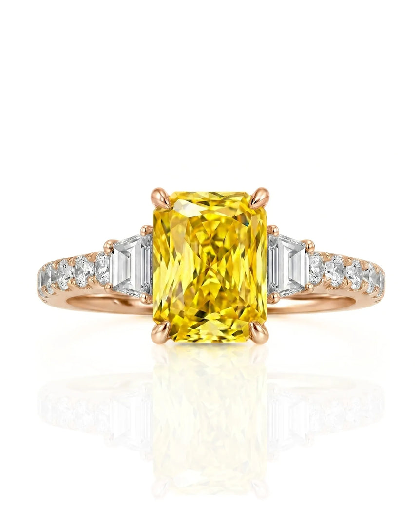 Natural fancy yellow sapphire ring with radiant cut center stone in 18K rose gold | SARATTI