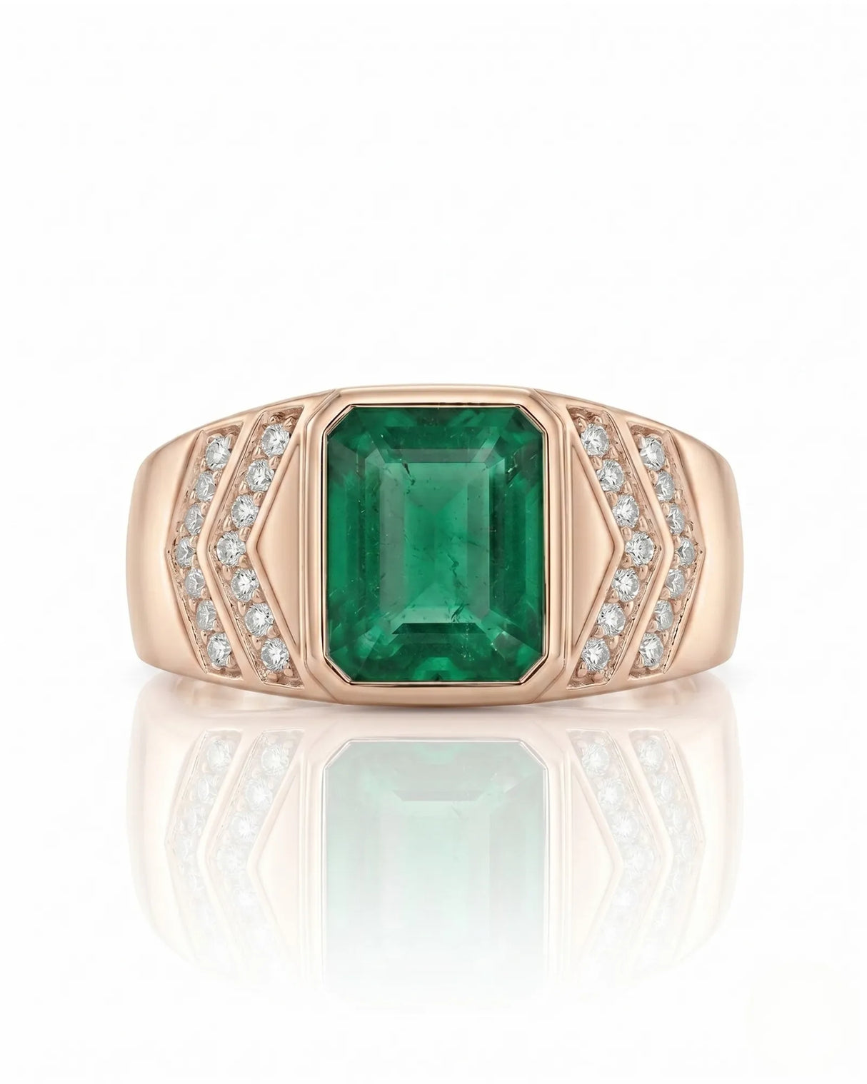 Natural green emerald men’s ring with round diamond side stones in 18K rose gold | SARATTI