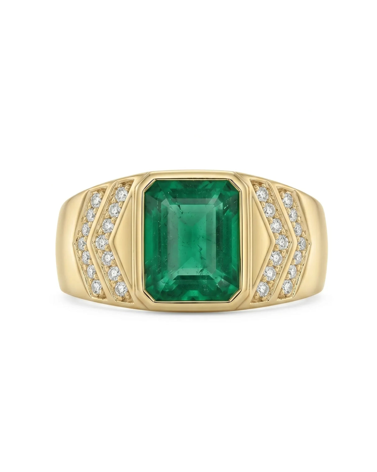 Natural green emerald men’s ring with round diamond side stones in 18K yellow gold | SARATTI