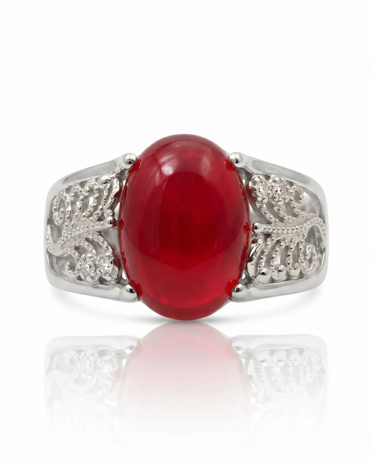 Natural oval cabochon ruby ring with diamond details and durable platinum setting | SARATTI