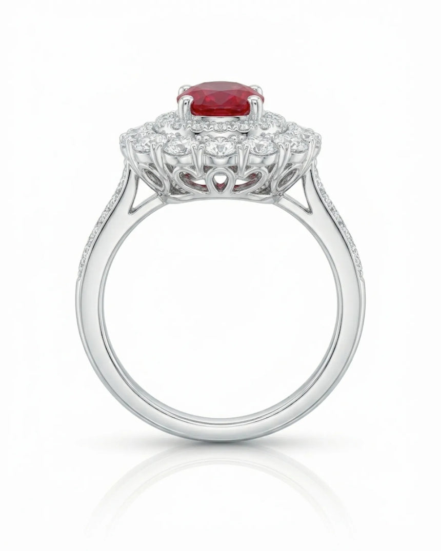 Natural oval ruby ring framed by round brilliant diamonds in Platinum | SARATTI