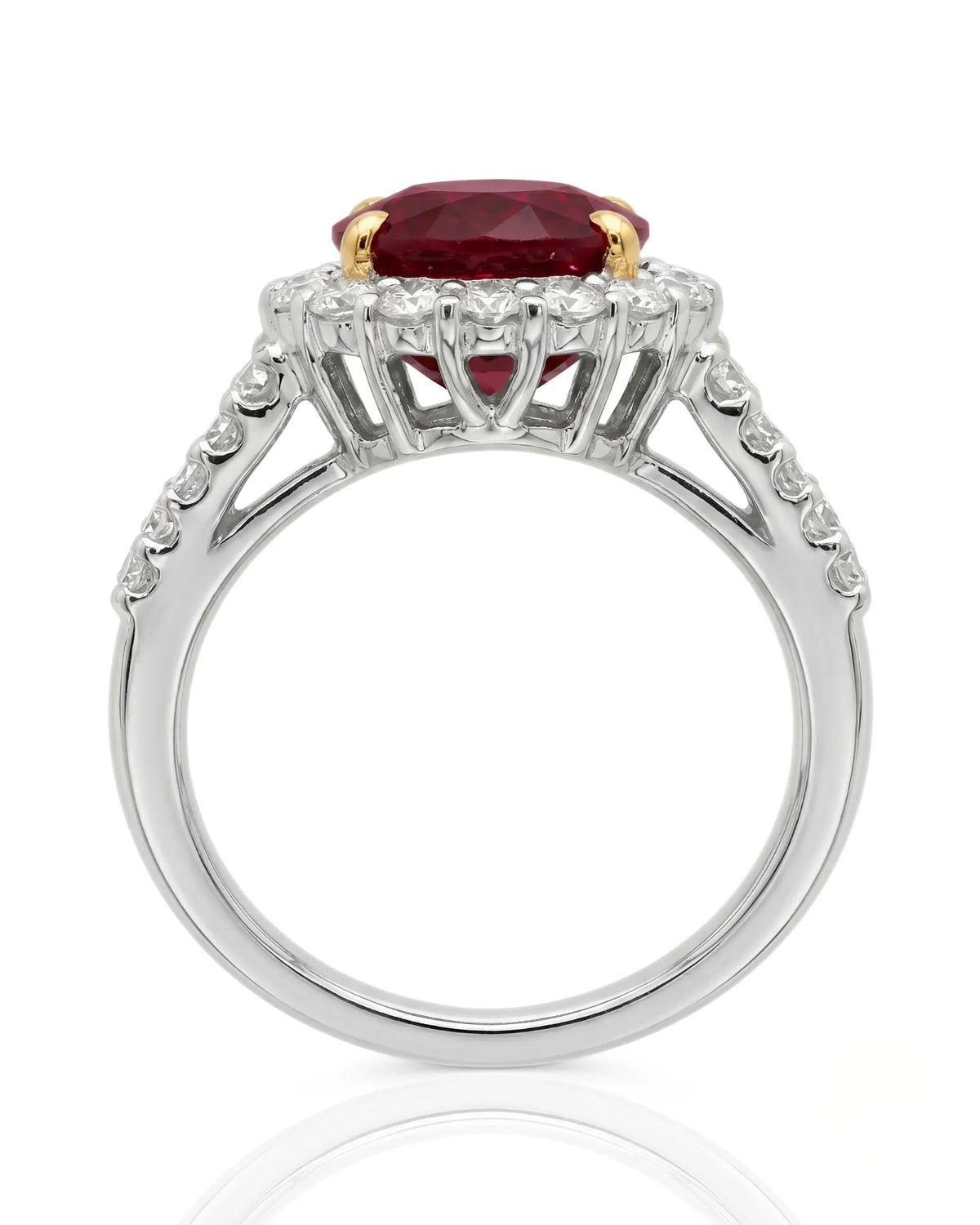 Natural oval ruby ring with bright diamonds and romantic two tone setting - SARATTI