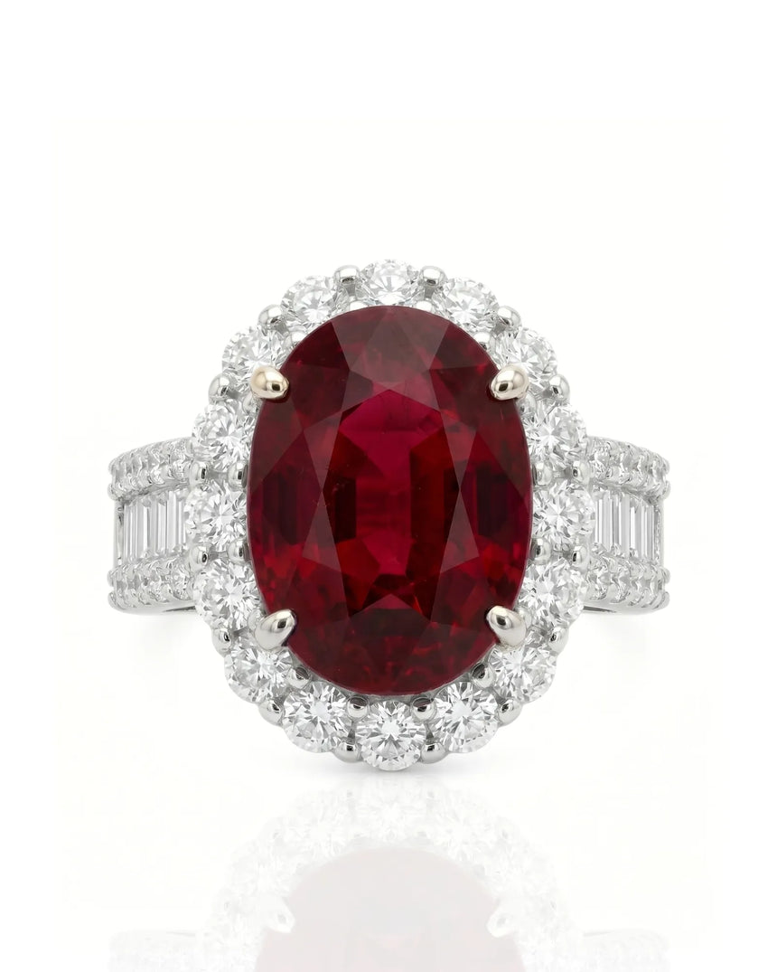 Natural oval ruby ring with bright diamonds and white gold luxury setting - SARATTI
