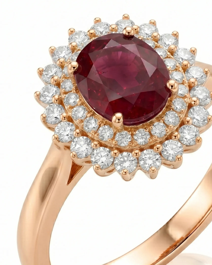 Natural oval ruby ring with sparkling diamonds and warm rose gold setting - SARATTI