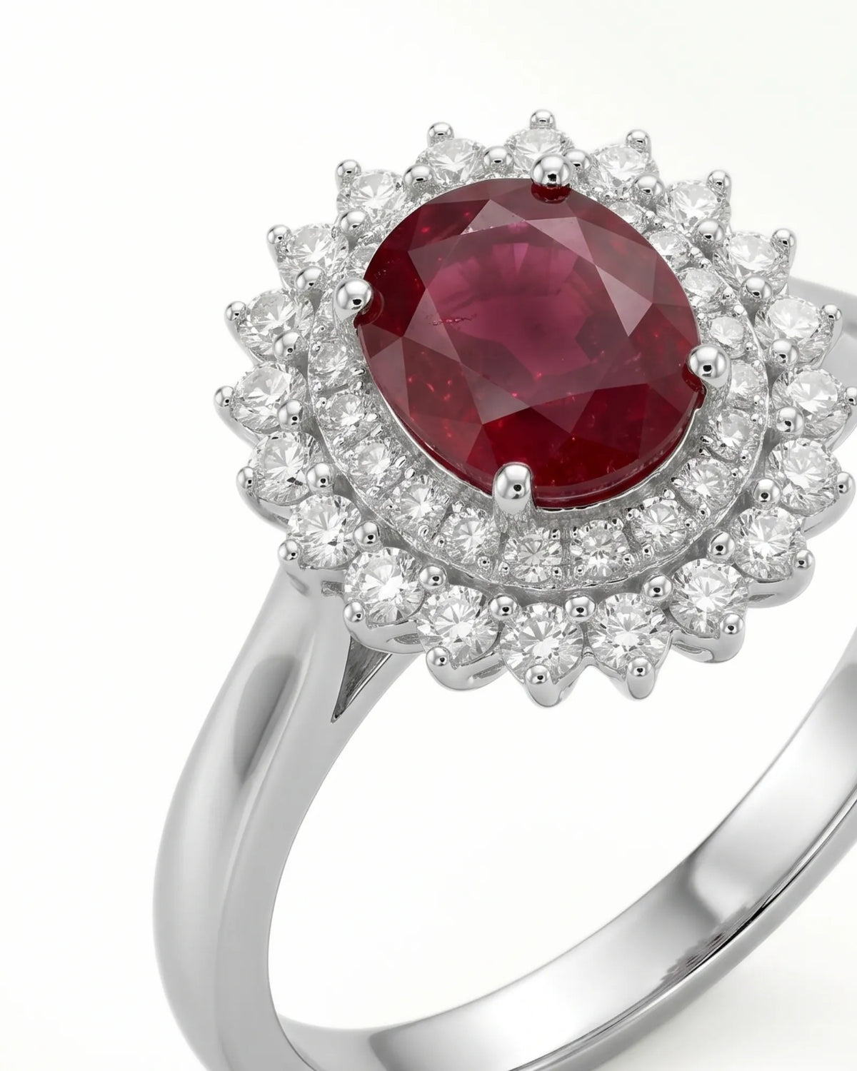 Natural oval ruby ring with sparkling diamonds and white gold setting - SARATTI