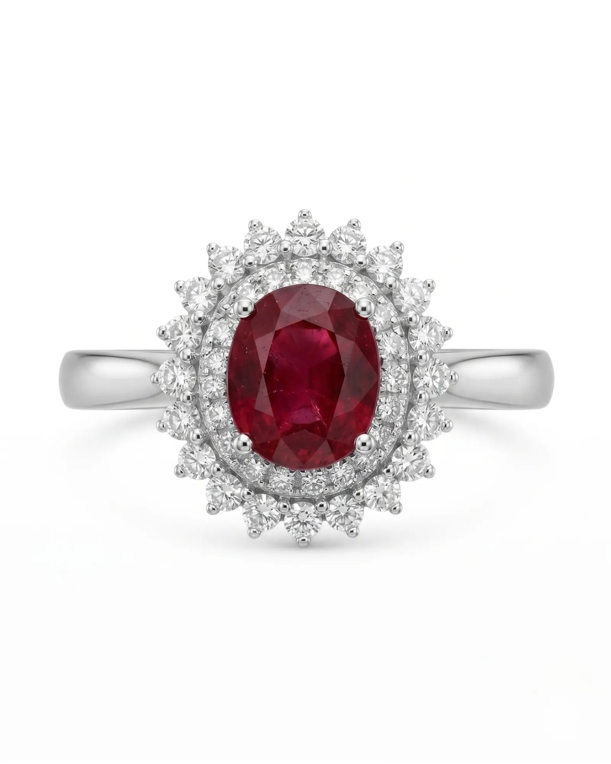 Natural oval ruby ring with sparkling diamonds and white gold setting | SARATTI