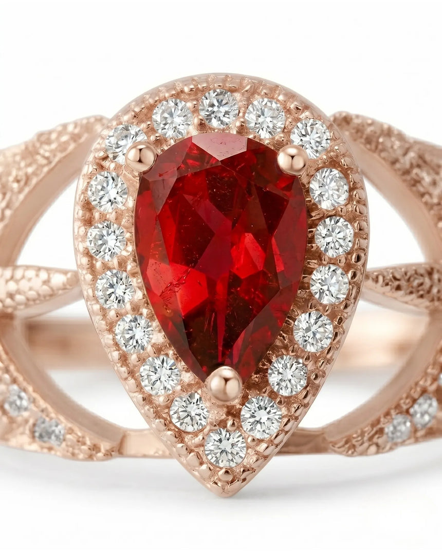 Natural pear ruby ring with bright diamond halo and romantic rose gold setting - SARATTI