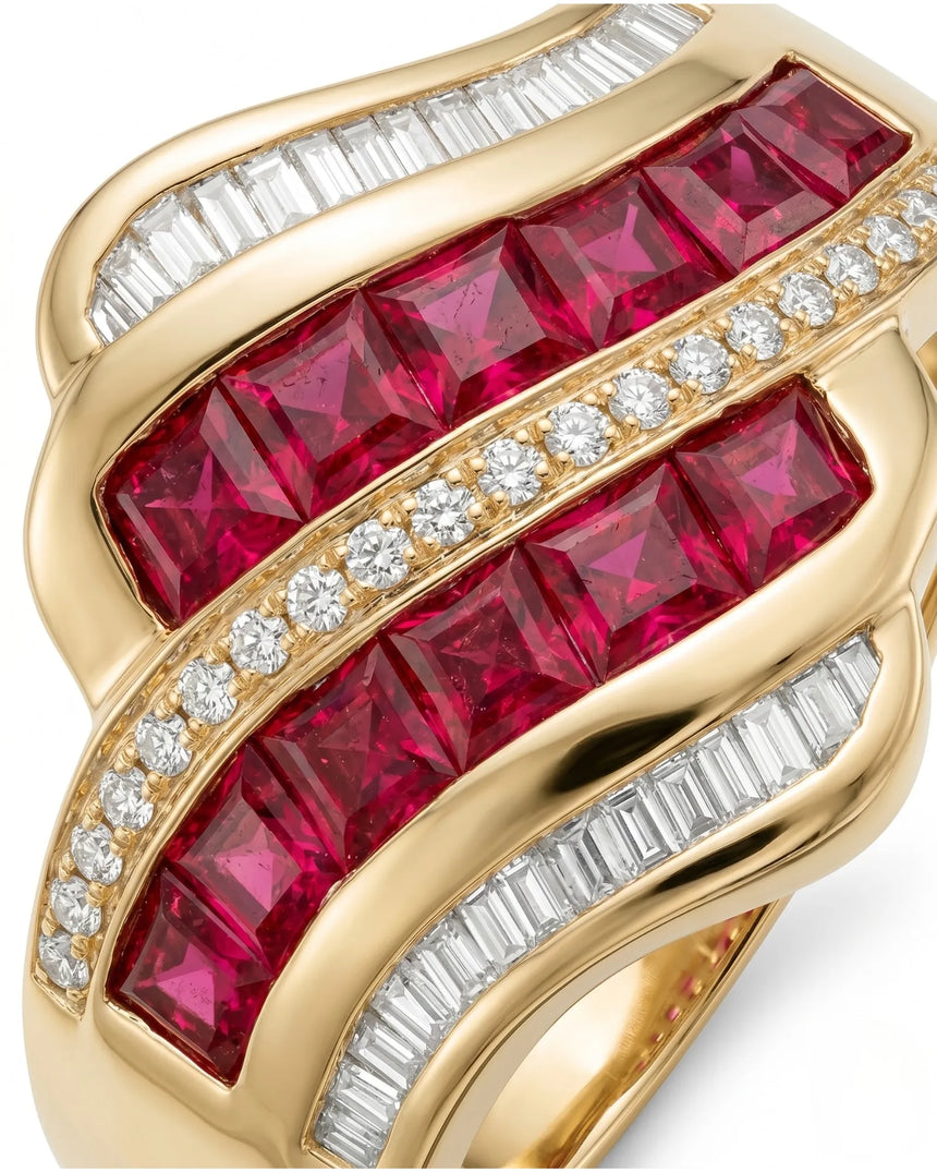 Natural princess cut ruby ring with diamond rows and warm yellow gold band | SARATTI