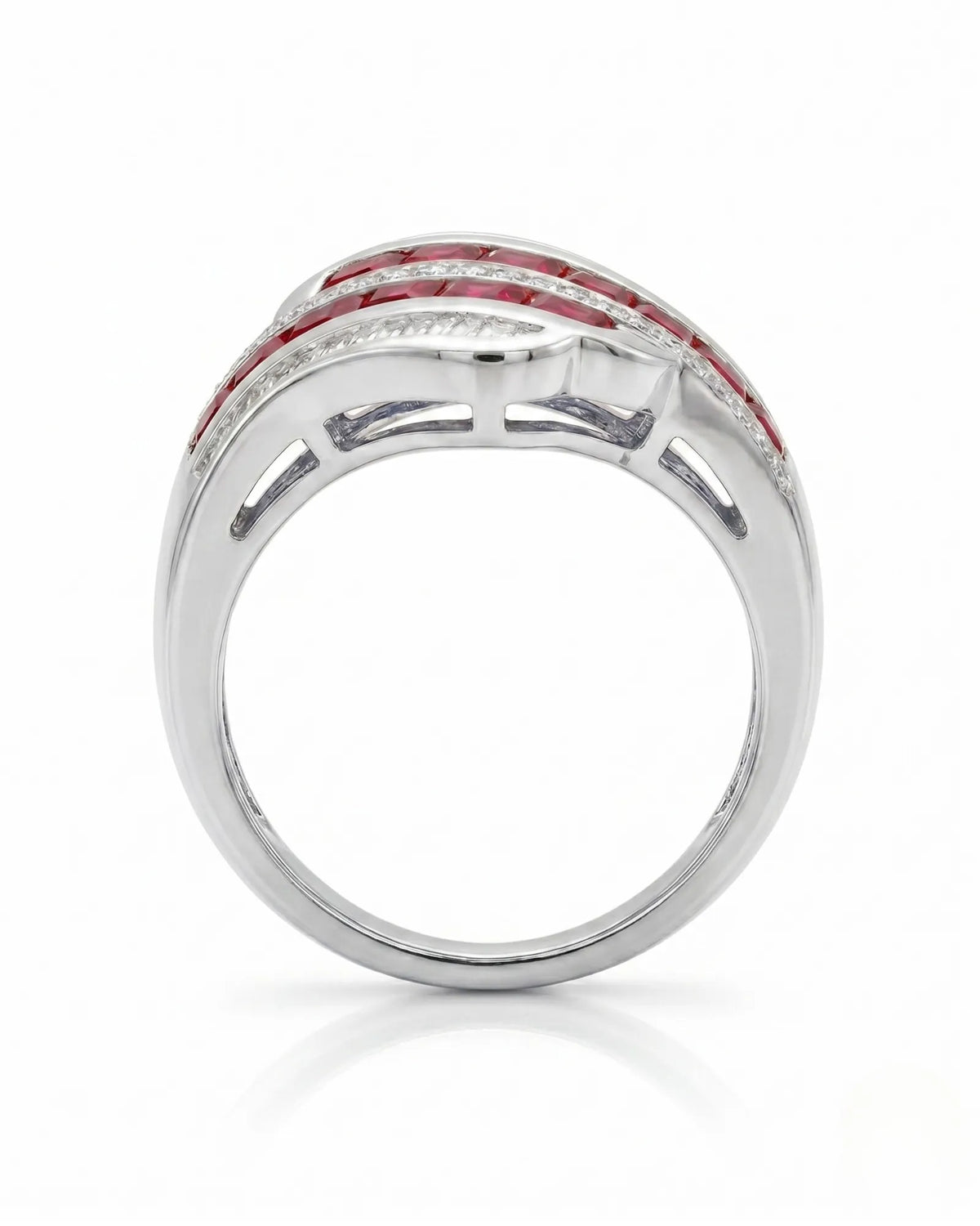 Natural princess cut ruby ring with diamond rows and white gold band - SARATTI