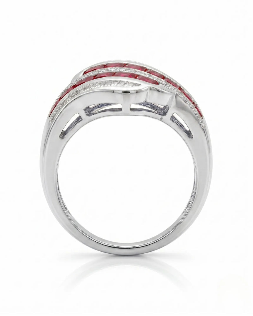 Natural princess cut ruby ring with diamond rows and white gold band - SARATTI