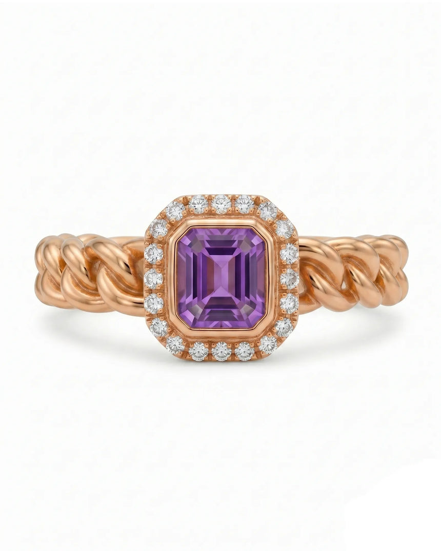 Natural purple sapphire statement ring with diamond halo in 18K Rose Gold | SARATTI