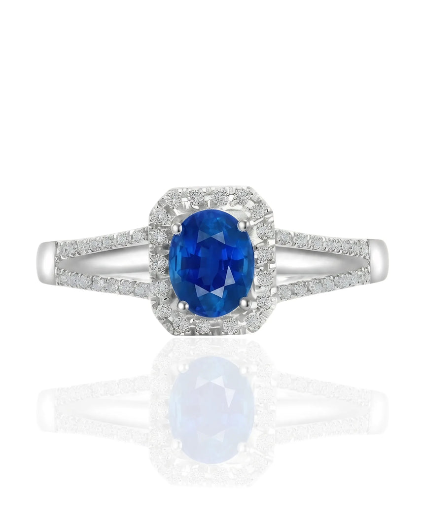 Natural royal blue sapphire ring with round diamond accents in 18K white gold | SARATTI