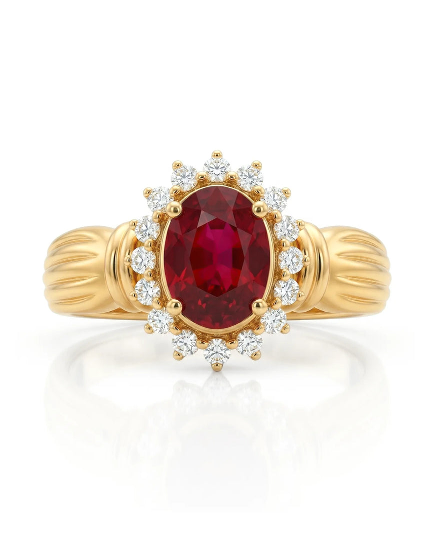 Natural ruby engagement ring oval 1.2ct red ruby diamond halo ring yellow gold vintage inspired design | SARATTI