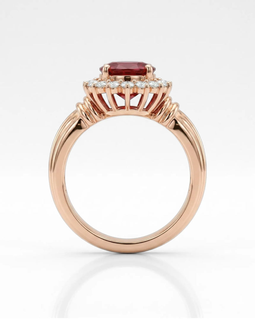 Natural ruby halo ring oval 1.2 carat red ruby diamond halo vintage style ring 18k rose gold triple contour band | SARATTI