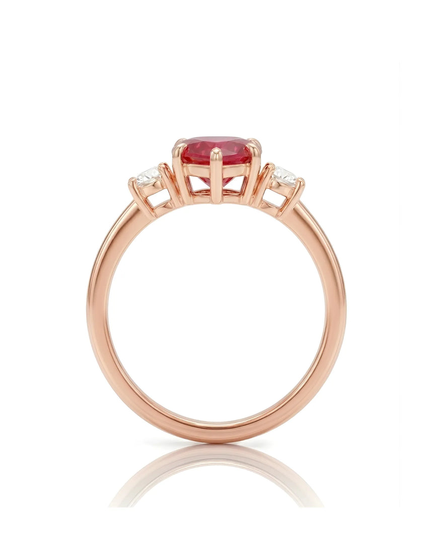 Natural ruby heart ring with round brilliant diamond accents in 18K Rose Gold | SARATTI