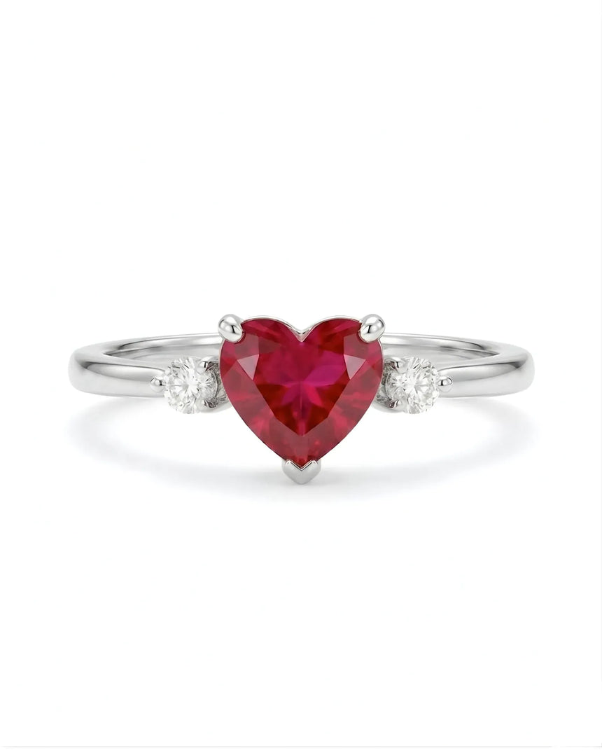 Natural ruby heart ring with round brilliant diamond accents in 18K White Gold | SARATTI