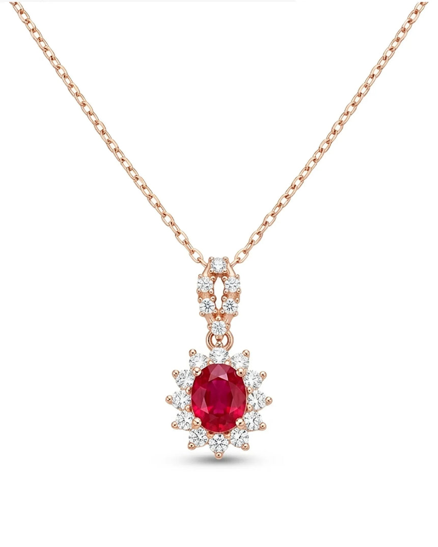 Natural ruby necklace with oval halo pendant design | SARATTI