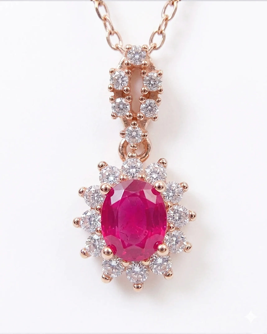 Natural ruby pendant necklace with romantic halo silhouette | SARATTI