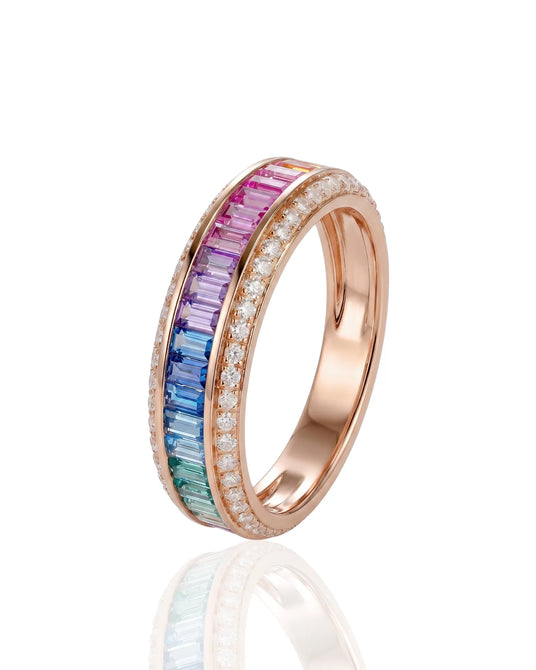 Natural sapphire eternity band with emerald cut gradient stones and diamonds in 18K rose gold | SARATTI