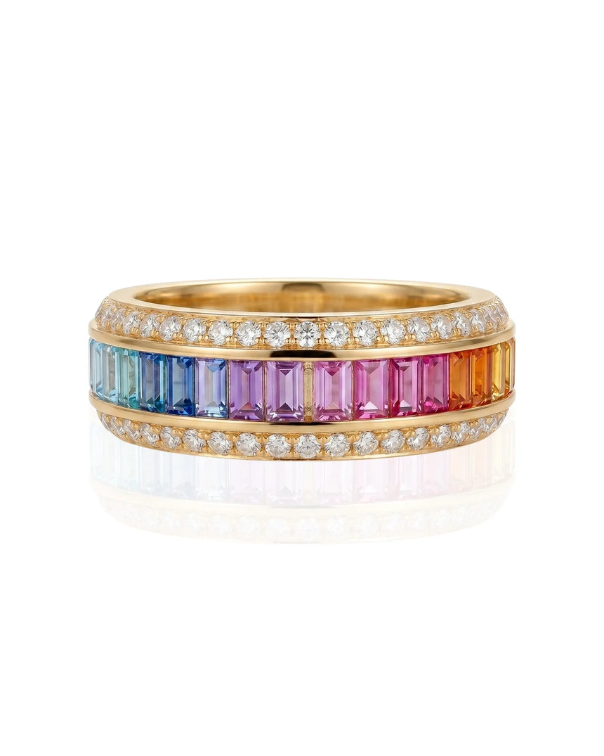 Natural sapphire eternity band with emerald cut gradient stones and diamonds in 18K yellow gold | SARATTI