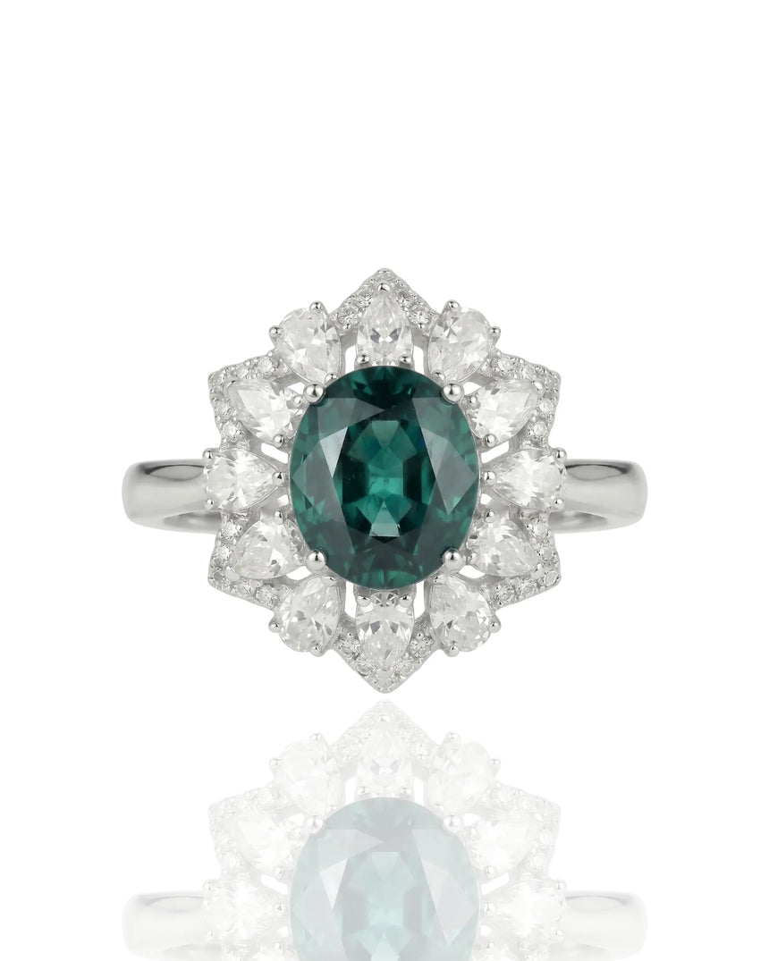Natural unheated oval sapphire ring with brilliant diamond accents in 18K white gold | SARATTI