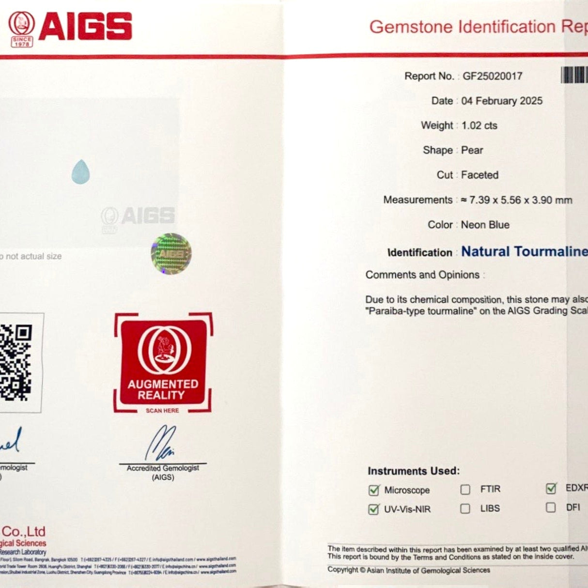 1.02cts Teardrop Natural Paraiba Tourmaline | AIGS Certified | Neon Blue