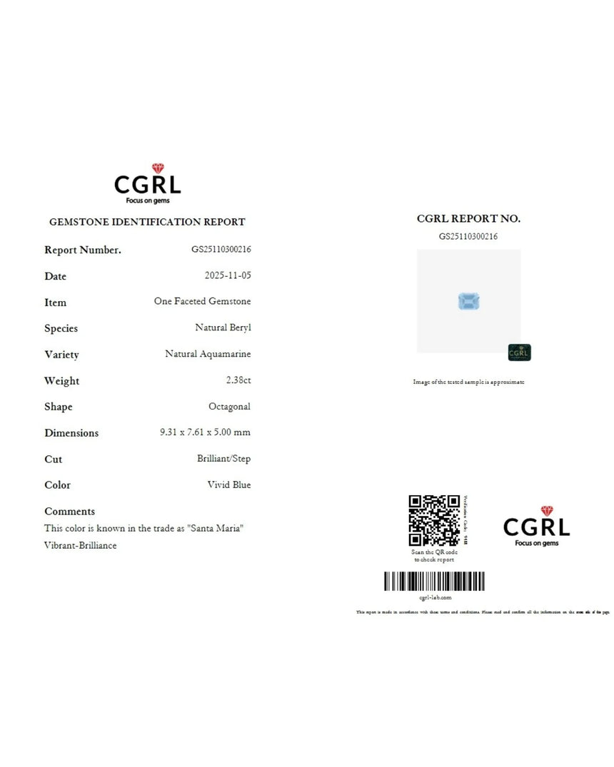 Octagonal Aquamarine measuring 9.31 × 7.61 × 5.00 mm | SARATTI