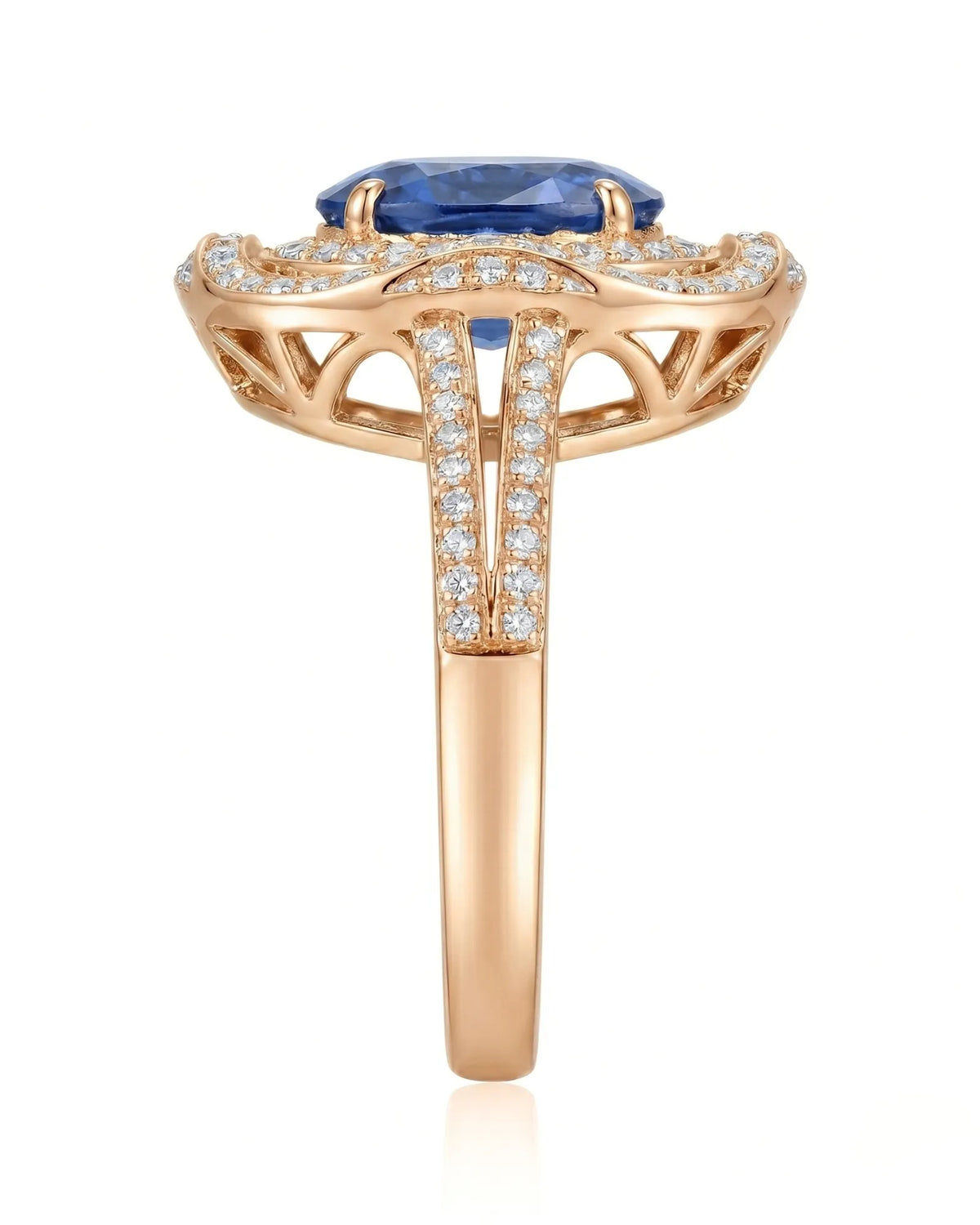 Open-work sapphire ring with layered round diamond halos in 18K rose gold | SARATTI