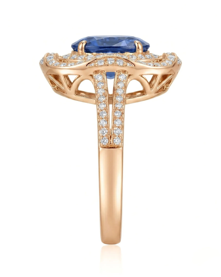 Open-work sapphire ring with layered round diamond halos in 18K rose gold | SARATTI