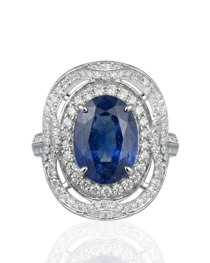 Open-work sapphire ring with layered round diamond halos in refined platinum | SARATTI