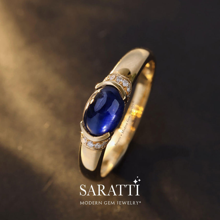 Oval Cabochon Royal Blue Sapphire Gold Ring | Modern Gem Jewelry | Saratti