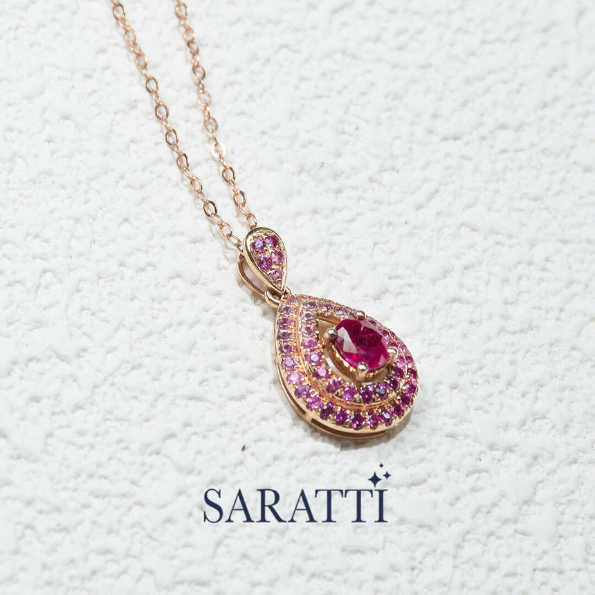 Close up shot of the Yellow Gold Mogok Rose Red Ruby Pendant | Saratti Fine Jewelry