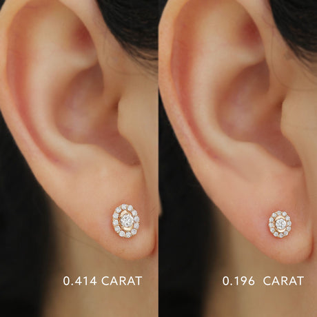 Oval Rose Gold Diamond Stud Earrings on Model's Ear  | Saratti | Custom High and Fine Jewelry