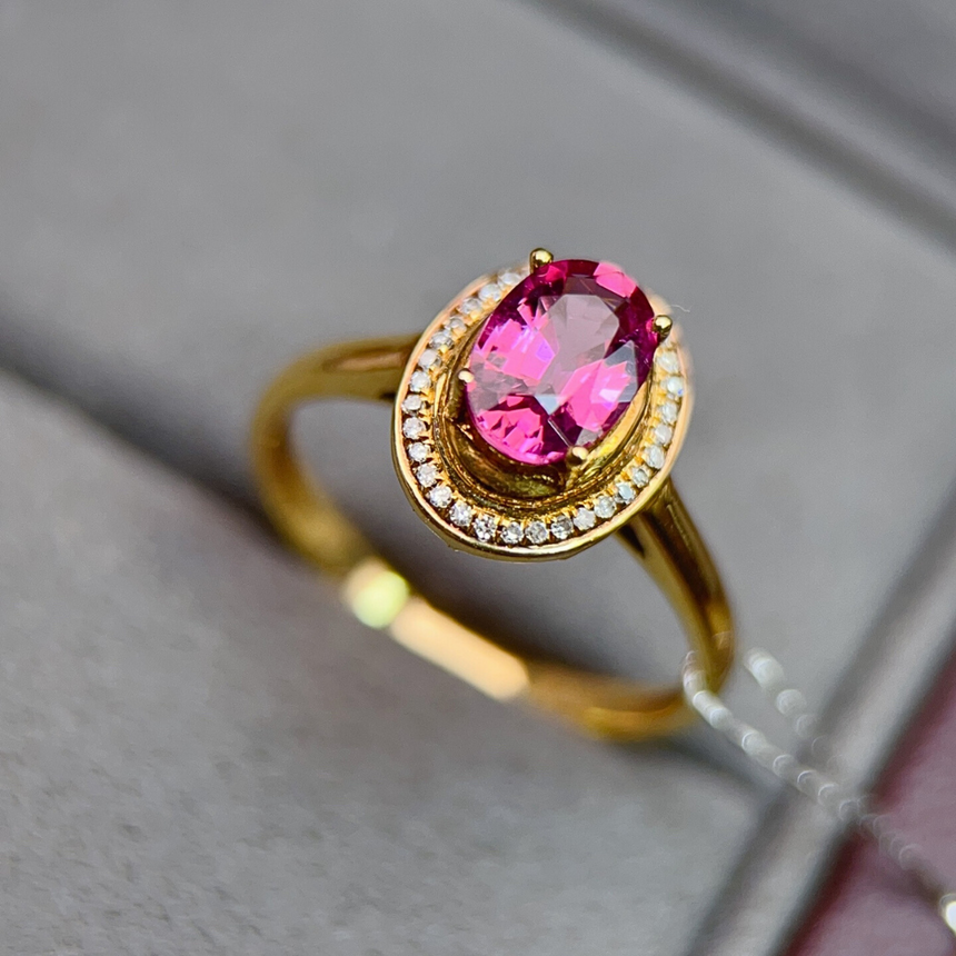 Oval Cut Pink Tourmaline Halo Ring in 18K Gold | SARATTI