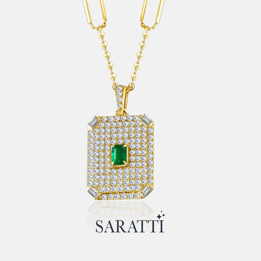 Diamond pavé pendant with vivid emerald centerpiece in pavillion style | SARATTI
